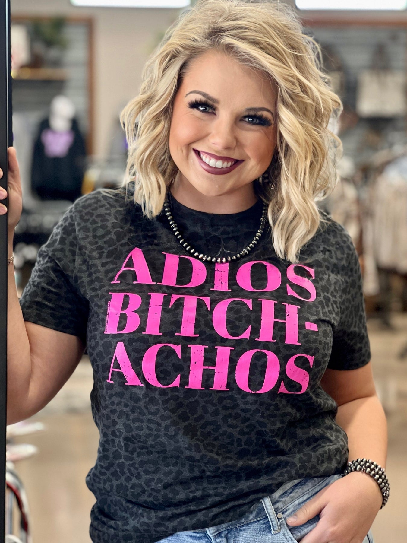 Texas True Threads "Adios Bitch-Achos" Tee, Black Leopard-Clothing-Sunshine and Wine Boutique