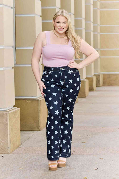 Judy Blue Janelle Full Size High Waist Star Print Flare Jeans - Exclusive-Jeans-Sunshine and Wine Boutique