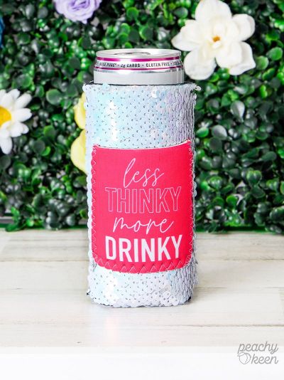 Peachy Keen Less Thinky More Drinky Slim Can Cooler-Can & Bottle Sleeves-Sunshine and Wine Boutique