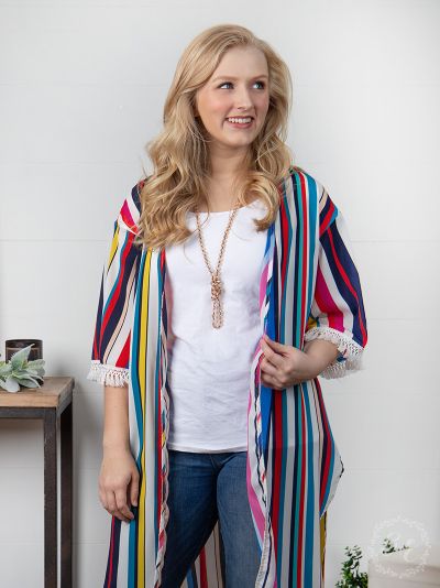 Southern Grace Ocean Waves Lightweight Vertical Stripe Kimono with Fringe Trim-Clothing-Sunshine and Wine Boutique