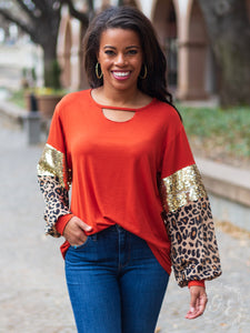 Southern Grace About Last Night Cut Out Top with Balloon Long Sleeve Top, Burnt Orange-Shirts & Tops-Sunshine and Wine Boutique