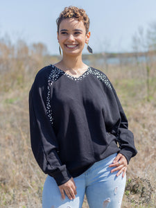 Southern Grace Glad You Exist Waffle Batwing Long Sleeve Top, Black-Shirts & Tops-Sunshine and Wine Boutique