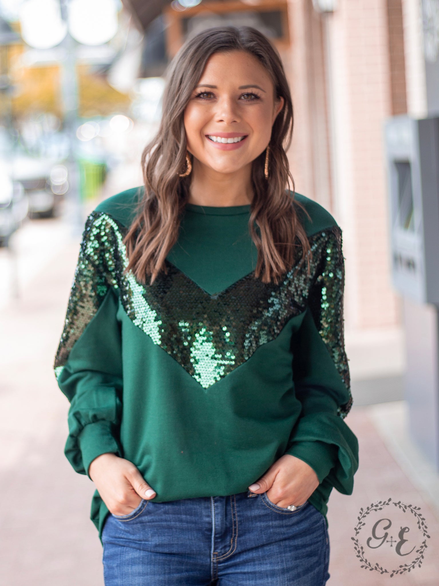 Southern Grace A Diva Named V Balloon Long Sleeve Top with Sequins, Green-Shirts & Tops-Sunshine and Wine Boutique