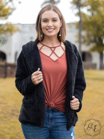 Southern Grace Oh So Soft Hooded Sherpa With Pockets, Black-Coats & Jackets-Sunshine and Wine Boutique