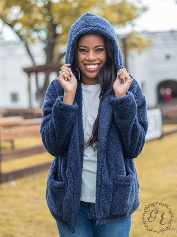 Southern Grace Oh So Soft Hooded Sherpa With Pockets, Navy-Coats & Jackets-Sunshine and Wine Boutique