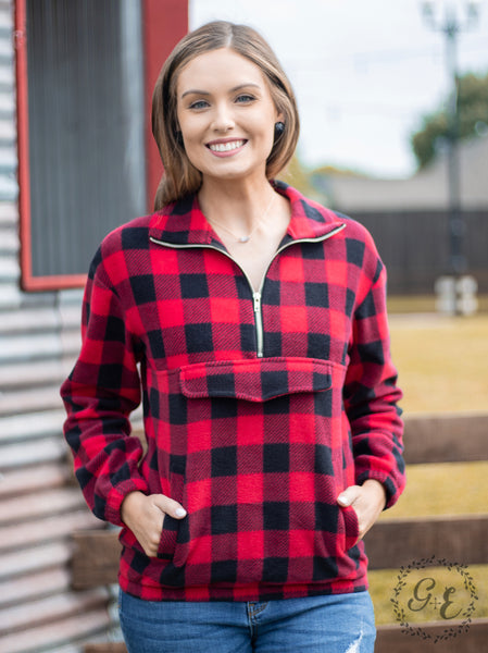 Southern Grace Checker Me Out Pullover With Pockets, Red Plaid-Coats & Jackets-Sunshine and Wine Boutique