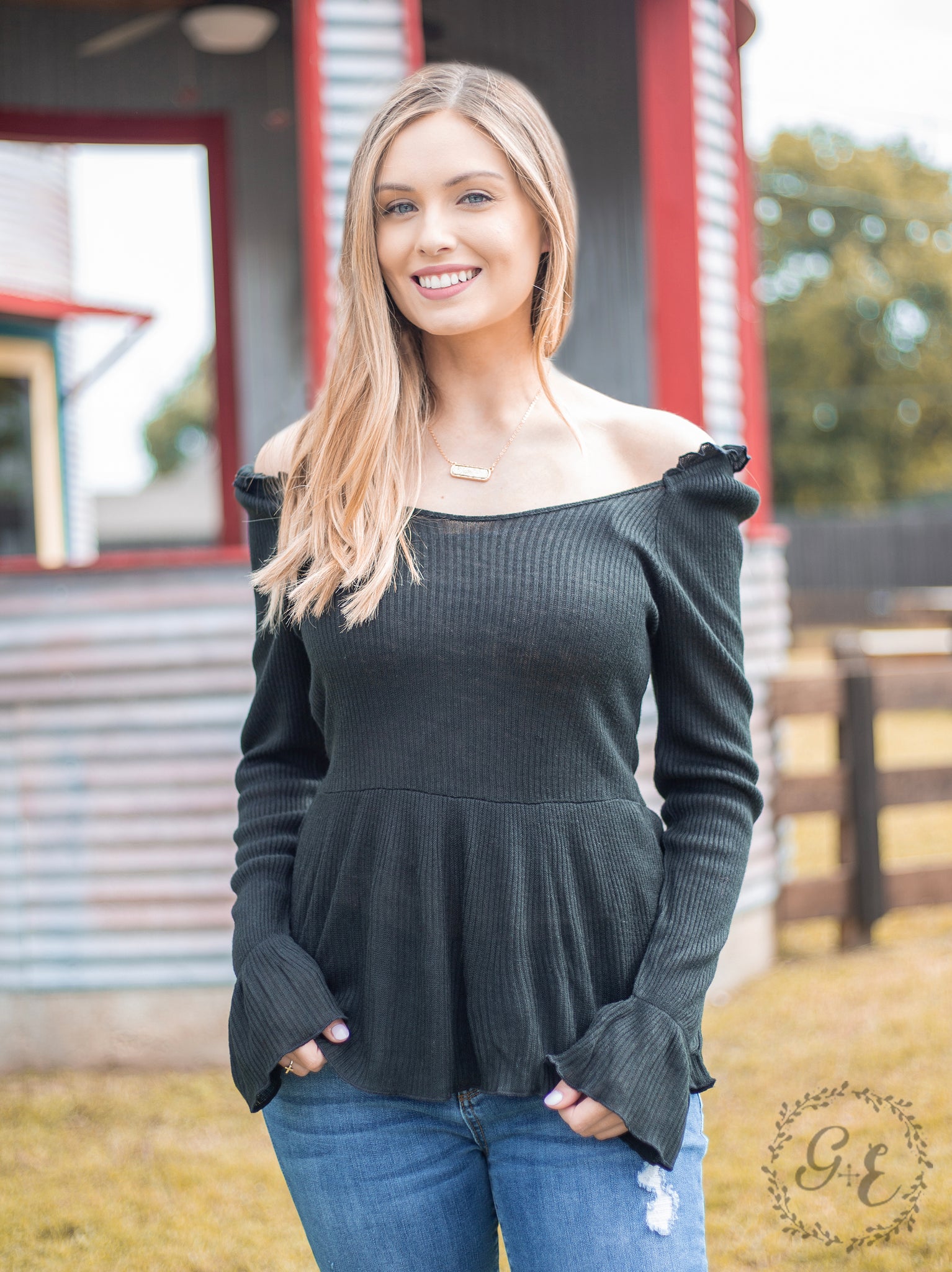 Southern Grace How 'Bout Those Ruffles Long Sleeve With Neck Line Ruffles, Black-Shirts & Tops-Sunshine and Wine Boutique