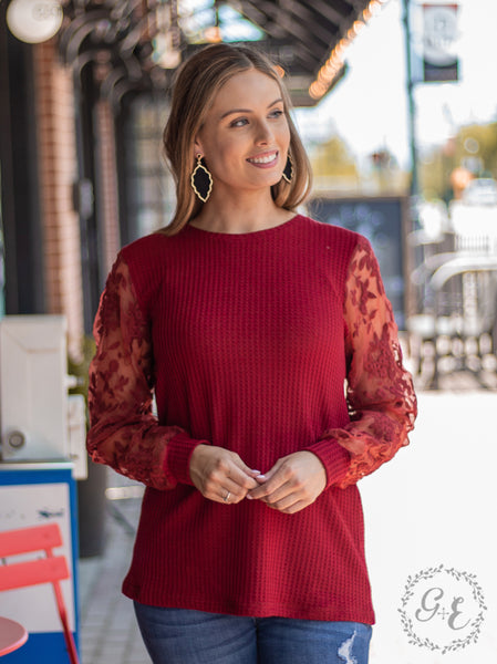 Southern Grace Don't MESH with me top with Floral Long Sleeve Top, Red-Shirts & Tops-Sunshine and Wine Boutique