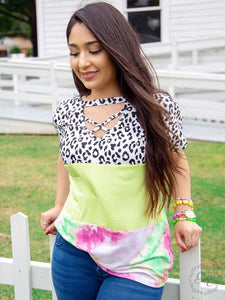 Southern Grace Fun in the Sun Short Sleeve Top with Caged Detail, Leopard & Tie Dye-Shirts & Tops-Sunshine and Wine Boutique