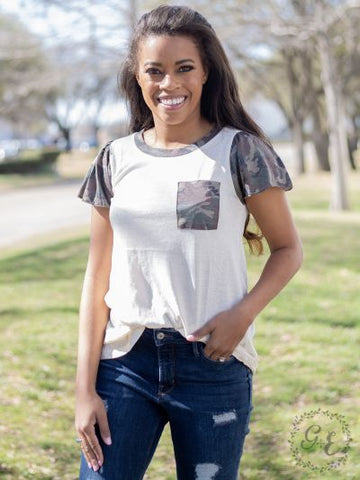 Southern Grace Frills and Thrills Pocket Short Sleeve Top, Camo-Shirts & Tops-Sunshine and Wine Boutique