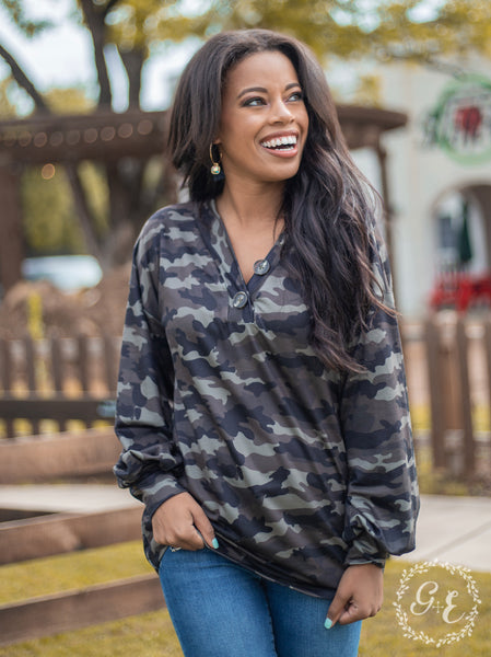 Southern Grace Since You Been Gone Pullover with Balloon Longsleeves and Buttons, Camouflage-Shirts & Tops-Sunshine and Wine Boutique