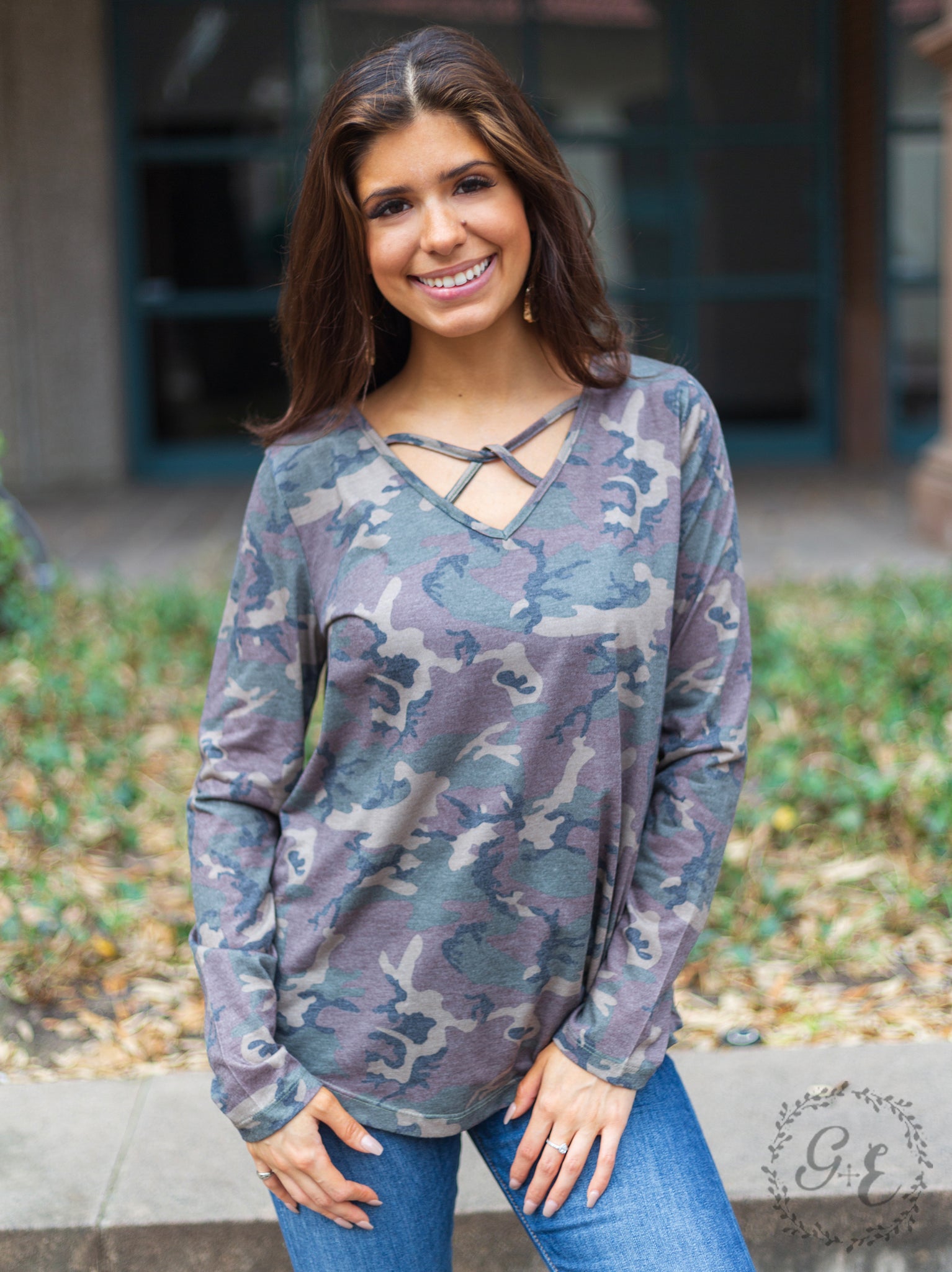 Southern Grace Let's Take a Road Trip Caged Long Sleeve with V neck, Camouflage-Shirts & Tops-Sunshine and Wine Boutique