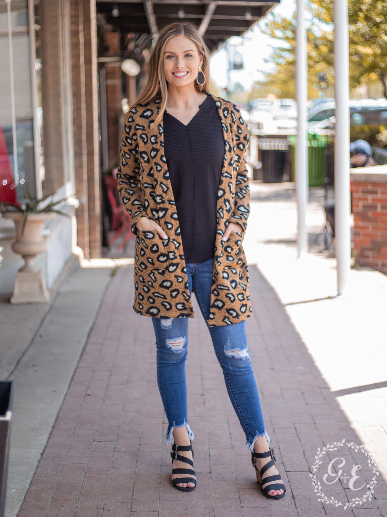 Southern Grace Fireplace Chillin Sweater Cardigan with Pockets, Leopard-Clothing-Sunshine and Wine Boutique