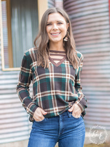 Southern Grace All About Fall with Caged V Neck Long Sleeve Top, Green-Shirts & Tops-Sunshine and Wine Boutique