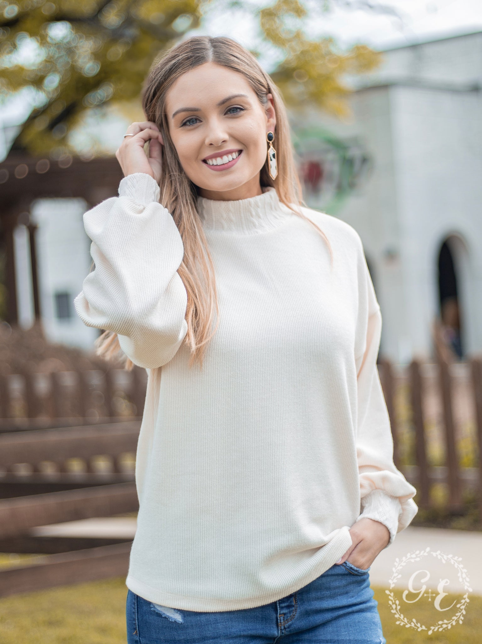 Southern Grace Warmhearted Sweater with Turtle Neck and Balloon Sleeve, Cream-Shirts & Tops-Sunshine and Wine Boutique