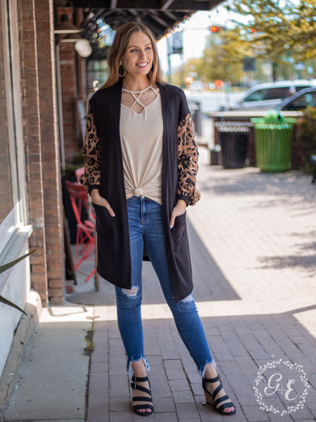 Southern Grace Calm but Catty Cardigan with Pockets and Balloon Sleeves, Black & Leopard-Clothing-Sunshine and Wine Boutique