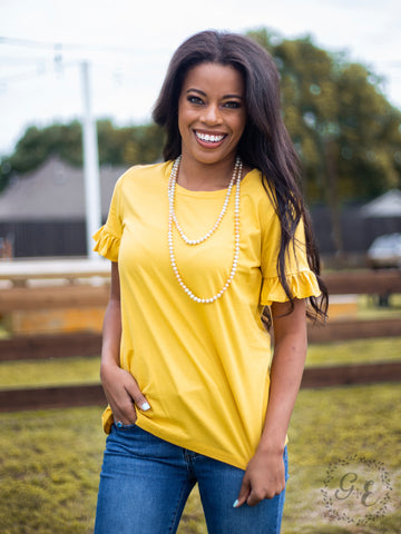 Southern Grace Readily Ruffled Top, Yellow-Shirts & Tops-Sunshine and Wine Boutique