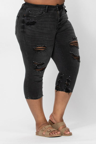 Judy Blue High Waist Black Distressed Skinny Capri 82270 - Exclusive-Jeans-Sunshine and Wine Boutique