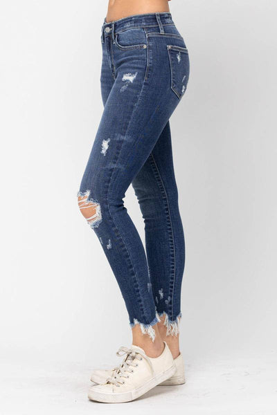 Judy Blue Mid-Rise Raw Hem Destroyed Skinny Jeans 82265 - Exclusive-Jeans-Sunshine and Wine Boutique