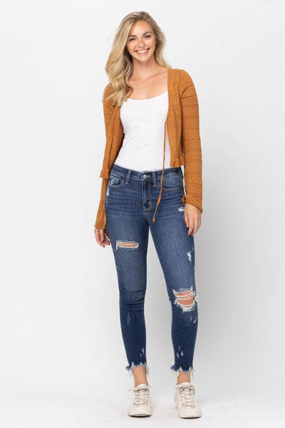 Judy Blue Mid-Rise Raw Hem Destroyed Skinny Jeans - Exclusive-Jeans-Sunshine and Wine Boutique