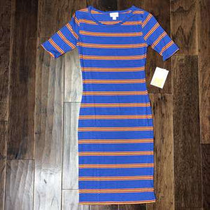 LuLaRoe Julia 3/4 Sleeve Dress Size XXS, Blue Striped-Shirts & Tops-Sunshine and Wine Boutique