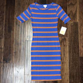 LuLaRoe Julia 3/4 Sleeve Dress Size XXS, Blue Striped-Dresses-Sunshine and Wine Boutique