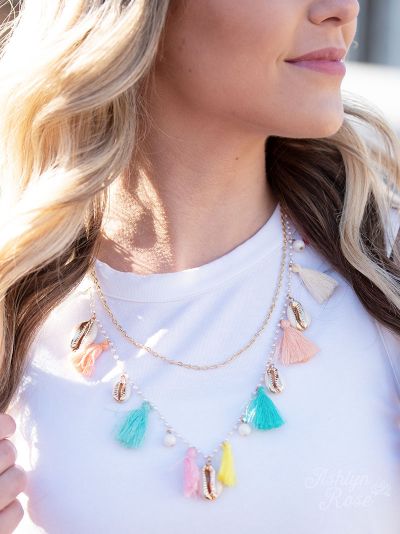 Ashlyn Rose Happy as a Clam Chain Necklace with Shells & Multicolor Tassels-Necklaces-Sunshine and Wine Boutique