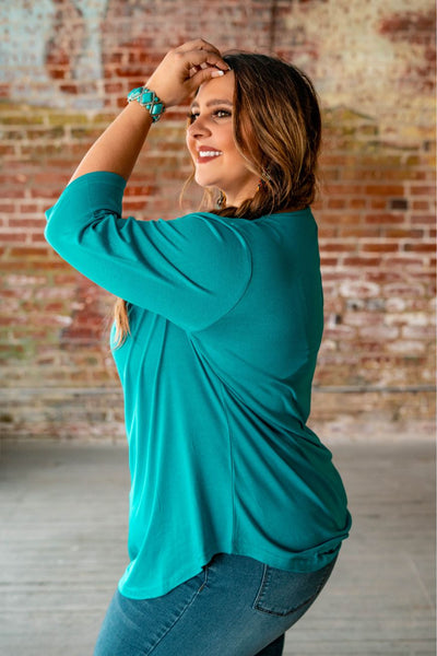Lucky & Blessed Women's Jade 3/4 Sleeve Scoop Neck Top-Shirts & Tops-Sunshine and Wine Boutique