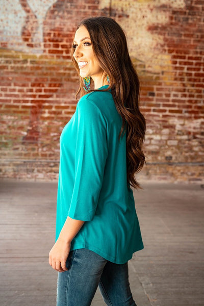 Lucky & Blessed Women's Jade 3/4 Sleeve Scoop Neck Top-Shirts & Tops-Sunshine and Wine Boutique
