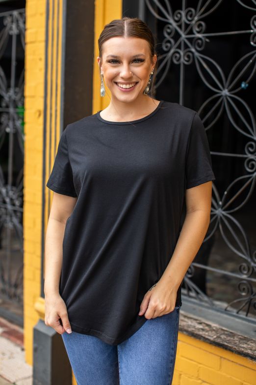 Lucky & Blessed Women's Essential Crewneck Short Sleeve Top with Curved Hem, Black-Shirts & Tops-Sunshine and Wine Boutique