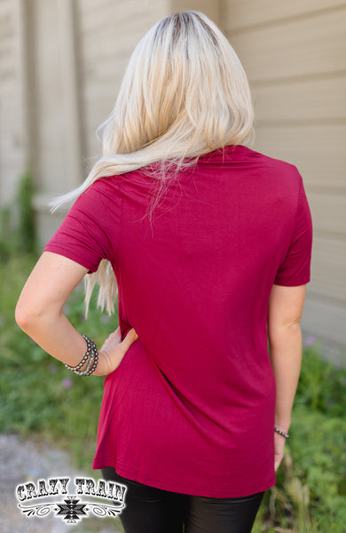 Crazy Train Forever Fave Solid Short Sleeve V-Neck Top, Maroon-Shirts & Tops-Sunshine and Wine Boutique