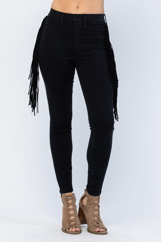 Judy Blue High Waist Side Fringe Skinny Jegging Denim Jeans 88497, Black