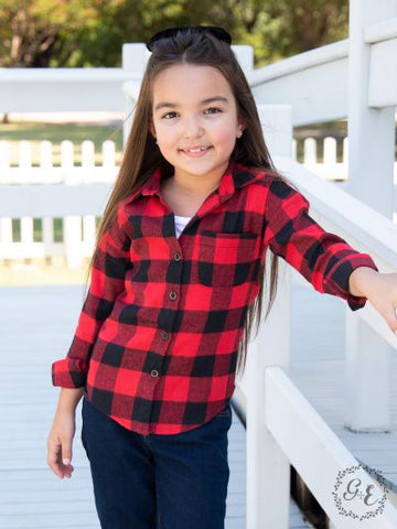 Southern Grace Girl's Red Buffalo Plaid Flannel-Baby & Toddlers Tops-Sunshine and Wine Boutique