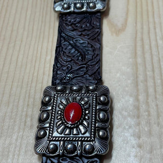 Lucky & Blessed Girl’s Genuine Leather Belt, Brown with Red Conchos