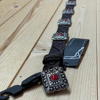 Lucky & Blessed Girl’s Genuine Leather Belt, Brown with Red Conchos