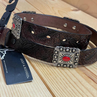 Lucky & Blessed Girl’s Genuine Leather Belt, Brown with Red Conchos