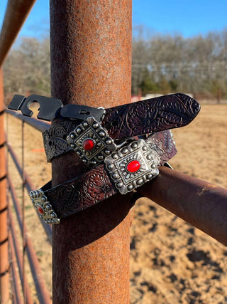 Lucky & Blessed Girl’s Genuine Leather Belt, Brown with Red Conchos