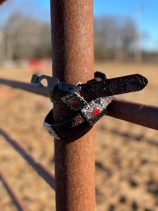 Lucky & Blessed Girl’s Genuine Leather Belt, Brown with Red Conchos