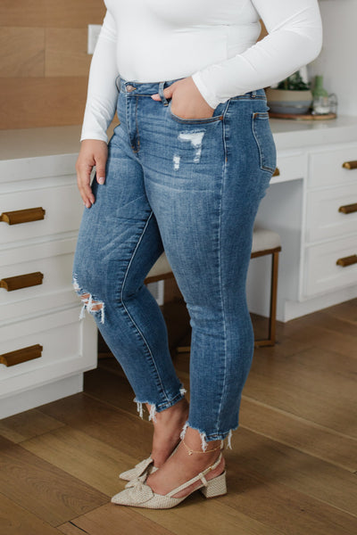 Judy Blue Mid Rise Destructed Hem Slim Fit - Exclusive-Jeans-Sunshine and Wine Boutique