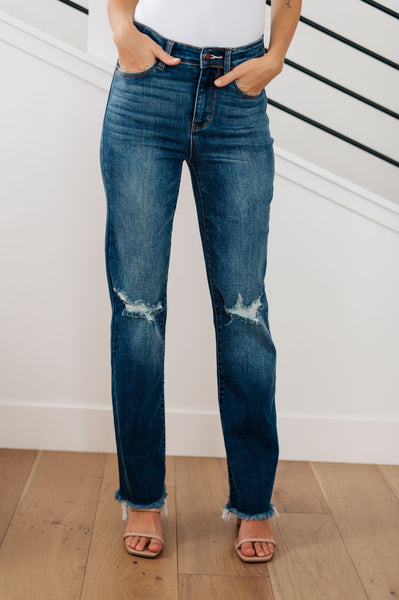 Judy Blue High Waist Knee Destroy & Fray Hem Straight Denim 82513 - Exclusive-Jeans-Sunshine and Wine Boutique