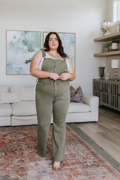 Judy Blue Olivia Control Top Release Hem Overalls in Olive - Exclusive-Jeans-Sunshine and Wine Boutique