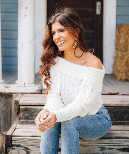 Southern Grace Total Frill Off the Shoulder Fringe Sweater in White-Shirts & Tops-Sunshine and Wine Boutique