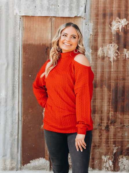 Southern Grace Off the Shoulder Sweater, Red-Shirts & Tops-Sunshine and Wine Boutique