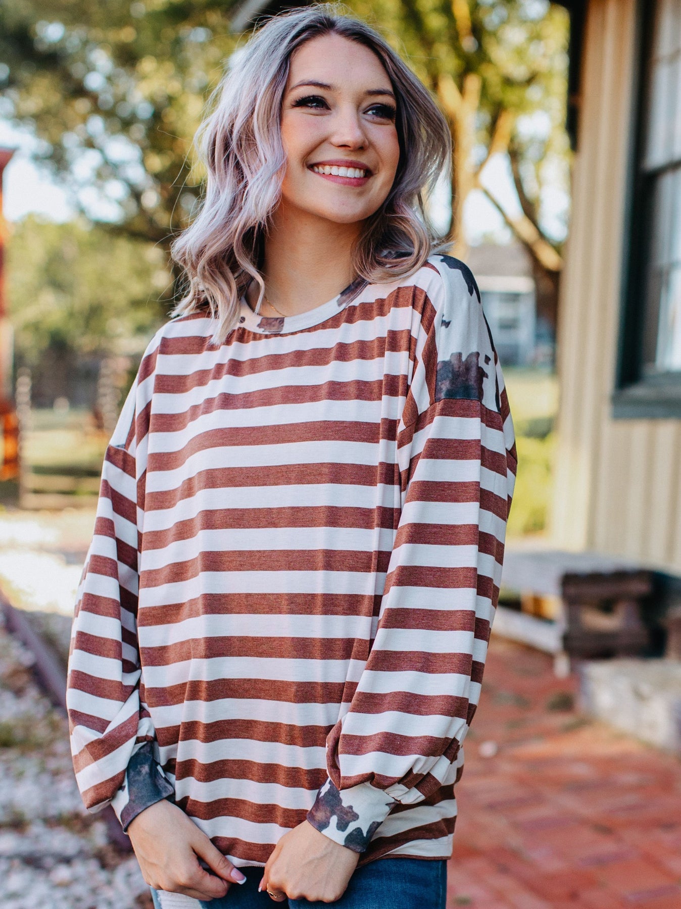 Southern Grace Douple Dipping Long Sleeve Top, Brown-Shirts & Tops-Sunshine and Wine Boutique