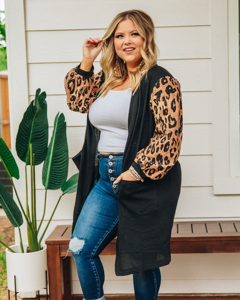 Southern Grace Calm but Catty Cardigan with Pockets and Balloon Sleeves, Black & Leopard-Clothing-Sunshine and Wine Boutique