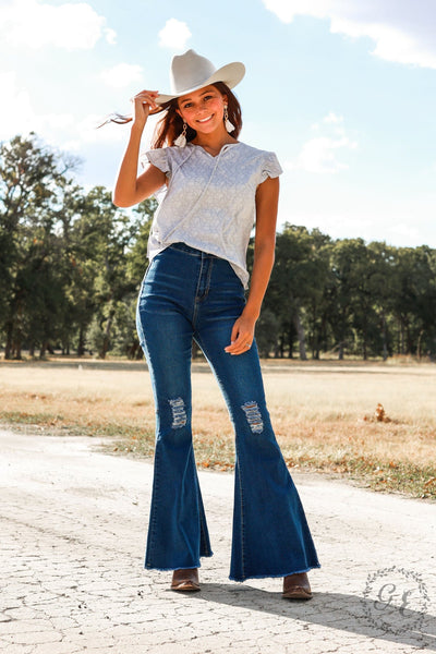 Southern Grace The Dolly High Rise Dark Wash Flare Denim-Jeans-Sunshine and Wine Boutique