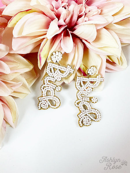Ashlyn Rose Here comes the bride! White and Gold Beaded Earrings-Earrings-Sunshine and Wine Boutique