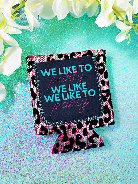 Peachy Keen We Like To Party Pink Sequin Black Leopard Velvet Regular Can Cooler-Can & Bottle Sleeves-Sunshine and Wine Boutique