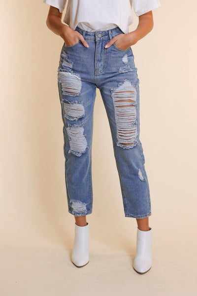Southern Grace The Savannah Mid Rise Straight Fit Distressed Denim-Jeans-Sunshine and Wine Boutique
