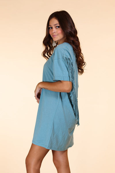 Southern Grace Just Leave Her Wild Fringe T-Shirt Dress, Sage-Clothing-Sunshine and Wine Boutique